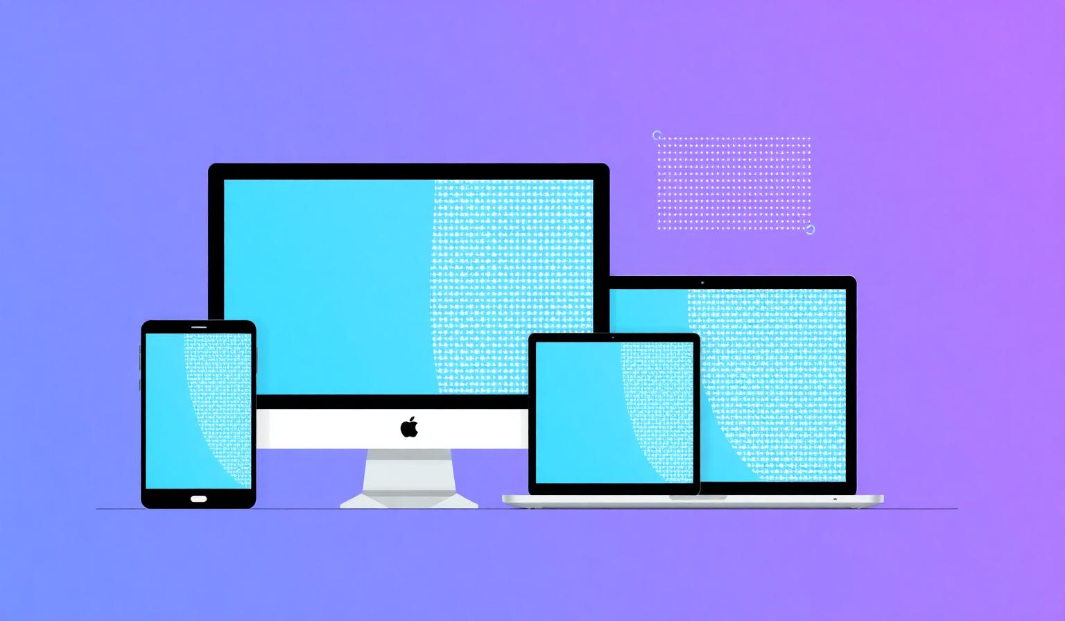 Desktop monitor, laptop, tablet and smartphone displaying different screen sizes and resolutions